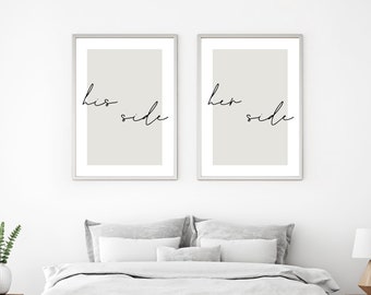 Bedroom wall art, his side, her side, bedroom wall decor, handwritten font, above bed wall prints, set of two, grey, pink, home decor