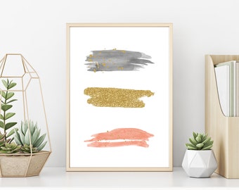 Watercolour smears wall print, abstract wall art, coral, gold, pink, grey, wall decor, paint smears, bedroom decor, office decor, home decor