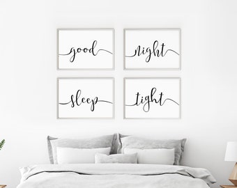 Bedroom wall art, bedroom wall decor, good night sleep tight, script font, calligraphy wall prints, set of four, black and white, home decor