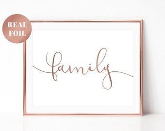 Family handwritten foil print, script font, rose gold, silver, minimalist print, foiled, landscape, wall art, typography, wall decor, A4