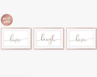 Live, Laugh, Love handwritten foil print, script font, rose gold, set of three, foiled, landscape, wall art, typography, wall decor, A4