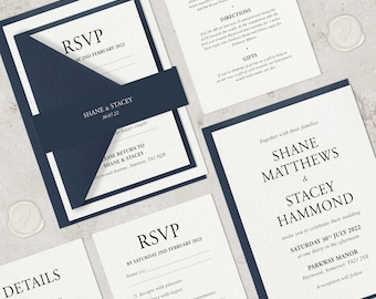 Navy Blue Minimal Wedding Invite SAMPLE, Dark Blue Wedding Stationery, Modern, Simplistic Wedding Invitation with RSVP, Elegant, Classic