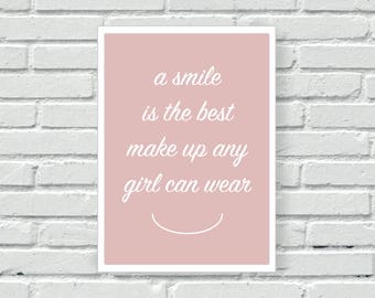 Beauty quote print, smile is the best make up, wall decor, blush pink and grey, colour wall print, wall art, living room print,