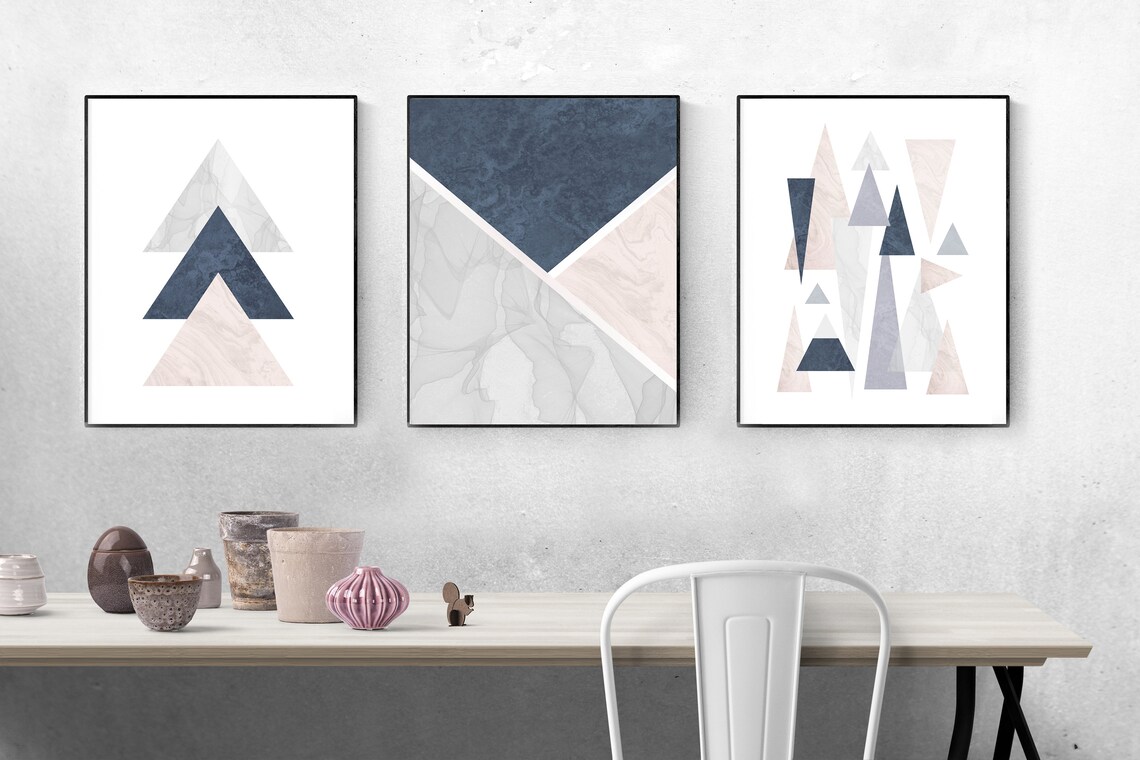 Geometric blush blue grey wall print triangles mountains Etsy