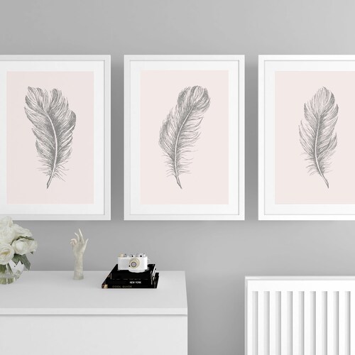 Pink Feathers Wall Art Blush Prints Living Room Decor Above Etsy