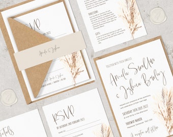 Pampas Grass Wedding Invitations SAMPLE, Modern Boho Wedding Invites, Bohemian Floral Wedding Stationery with RSVP, Cream and Brown, Ivory