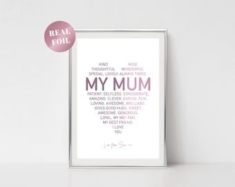 Gift for Mum, Christmas present, xmas gift, step,  from son, daughter, foiled print, personalised, custom, bespoke, love, rose gold, pink