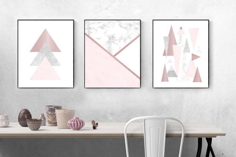Geometric Pink Rose Gold Wall Print Triangles Mountains Blush Marble Decor Art Posters Set Of Three Abstract