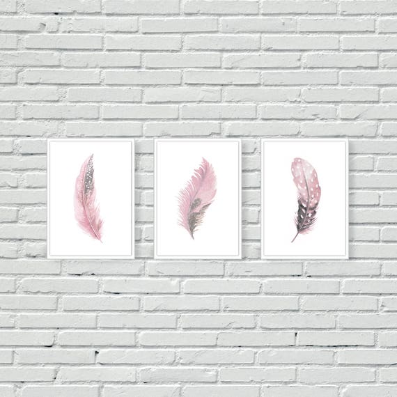 Pink Watercolour Feathers Wall Art Prints Living Room Decor Etsy