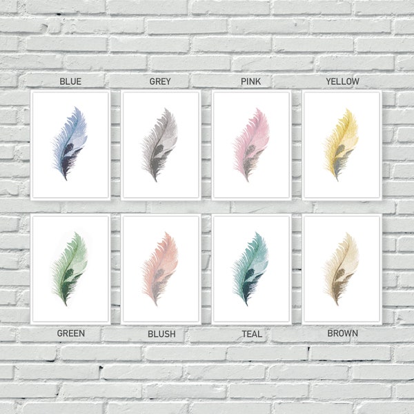 Feathers wall art, individual, yellow, grey, pink or blue, watercolour prints, living room decor, greyscale, wall prints, home, house