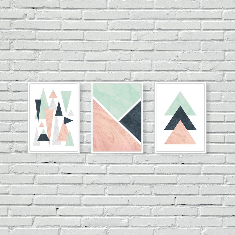 Geometric Wall Art Triangle Wall Prints Pink Mint and Blue Etsy UK