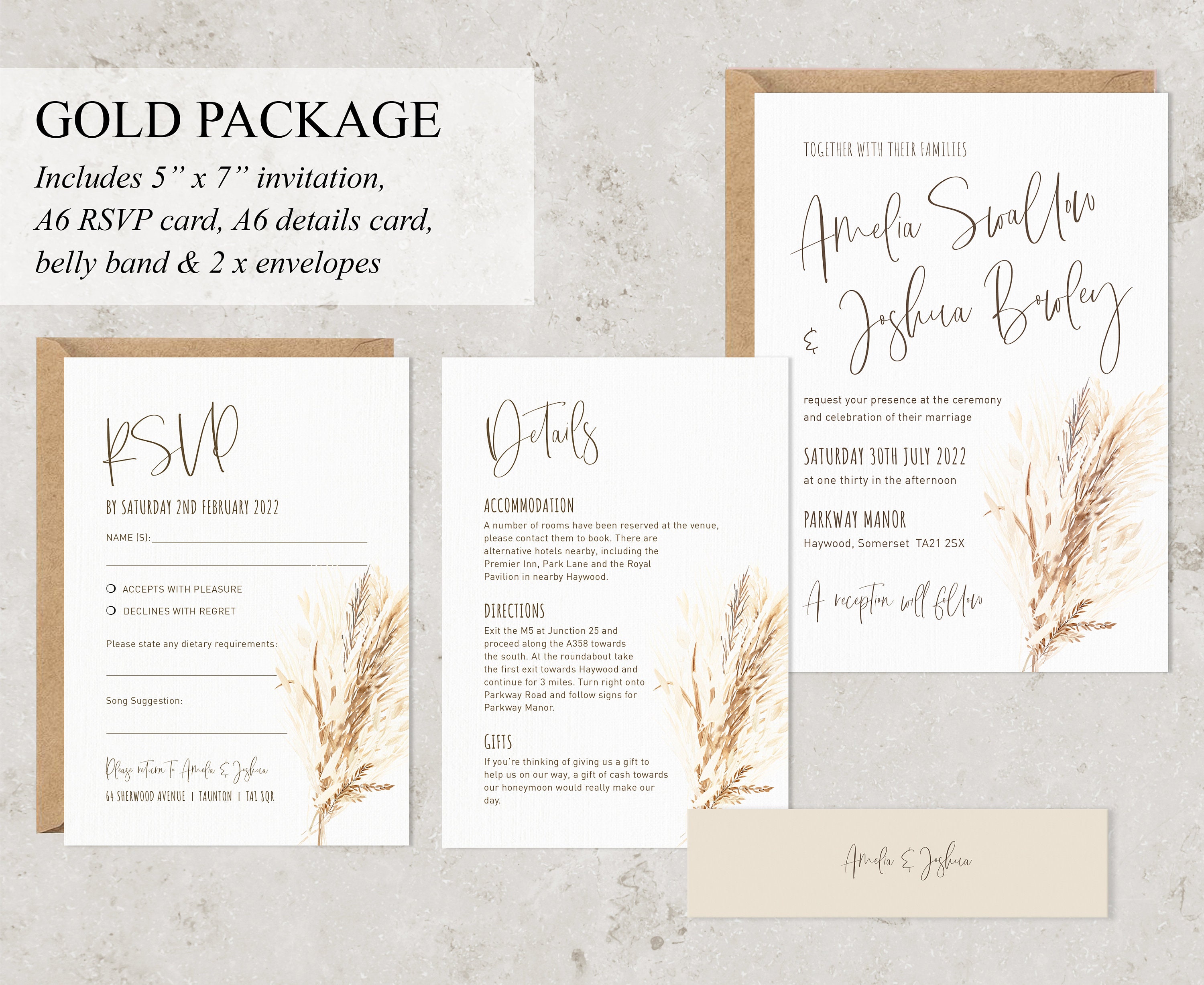 Wedding invitation stationery mockup with a dried grass decoration.  Dimensions: 5x7, 5x3.5, 6x4. Stock Photo by Snoflinga