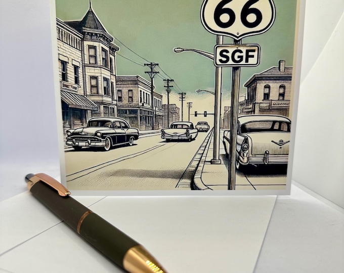 Route 66 Vintage Style Classic Car Greeting Card Blank Inside Street View, Springfield, Missouri