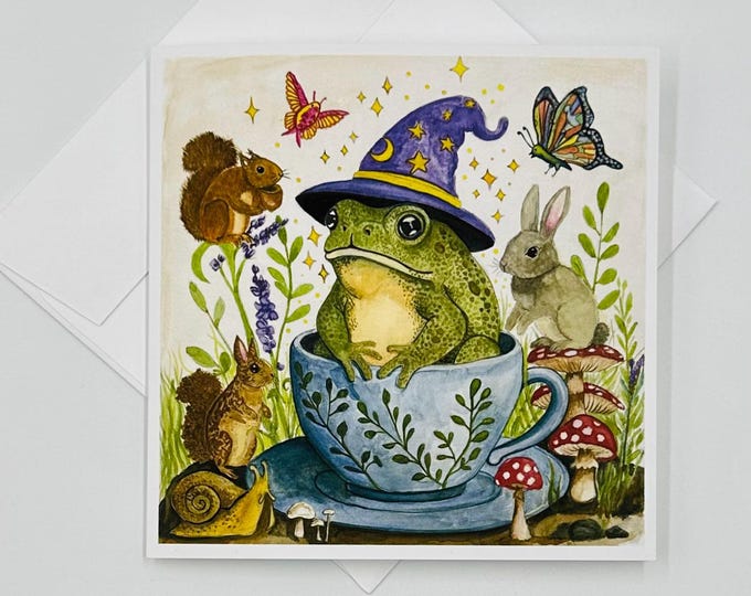 Whimsical Teacup Forest Frog Greeting Card