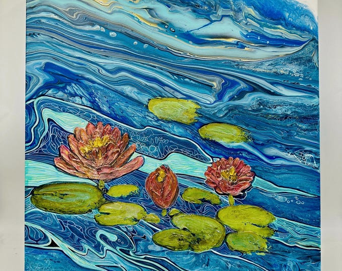 Water Lily Pond Acrylic Textured Painting on Canvas - Aqua Florum 20” x 20”