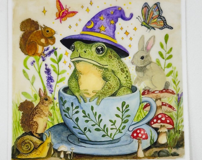 Whimsical Teacup Forest Frog Vinyl Sticker