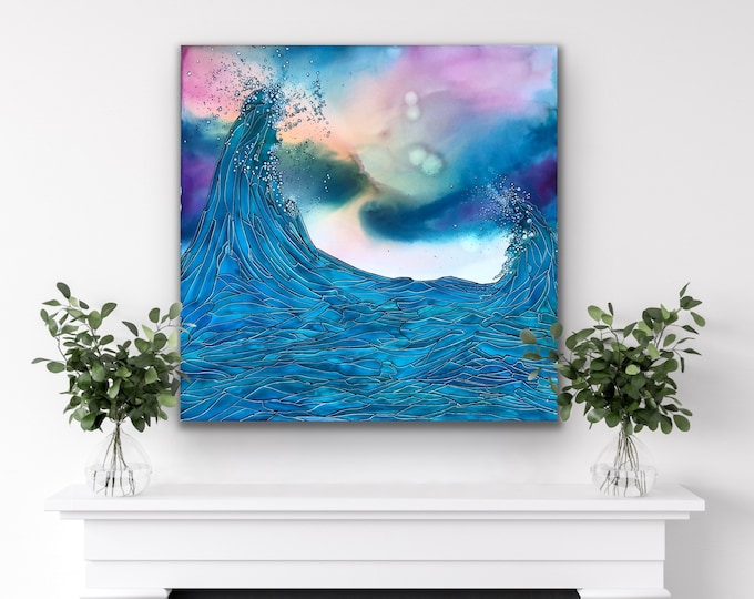 Splendid - Original Alcohol Ink Painting, Ocean, Wave, Stormy Seas, Sunset