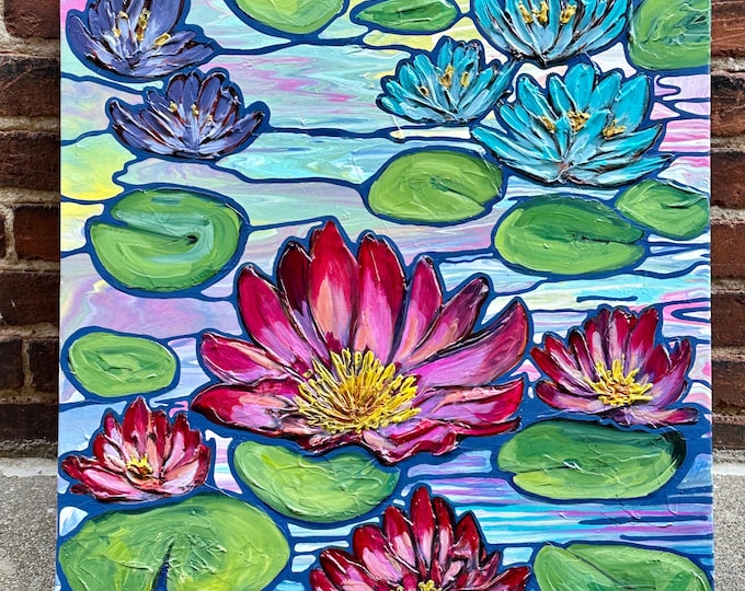 Water Lily Pond Acrylic Textured Painting on Canvas - Frogger 24” x 24”