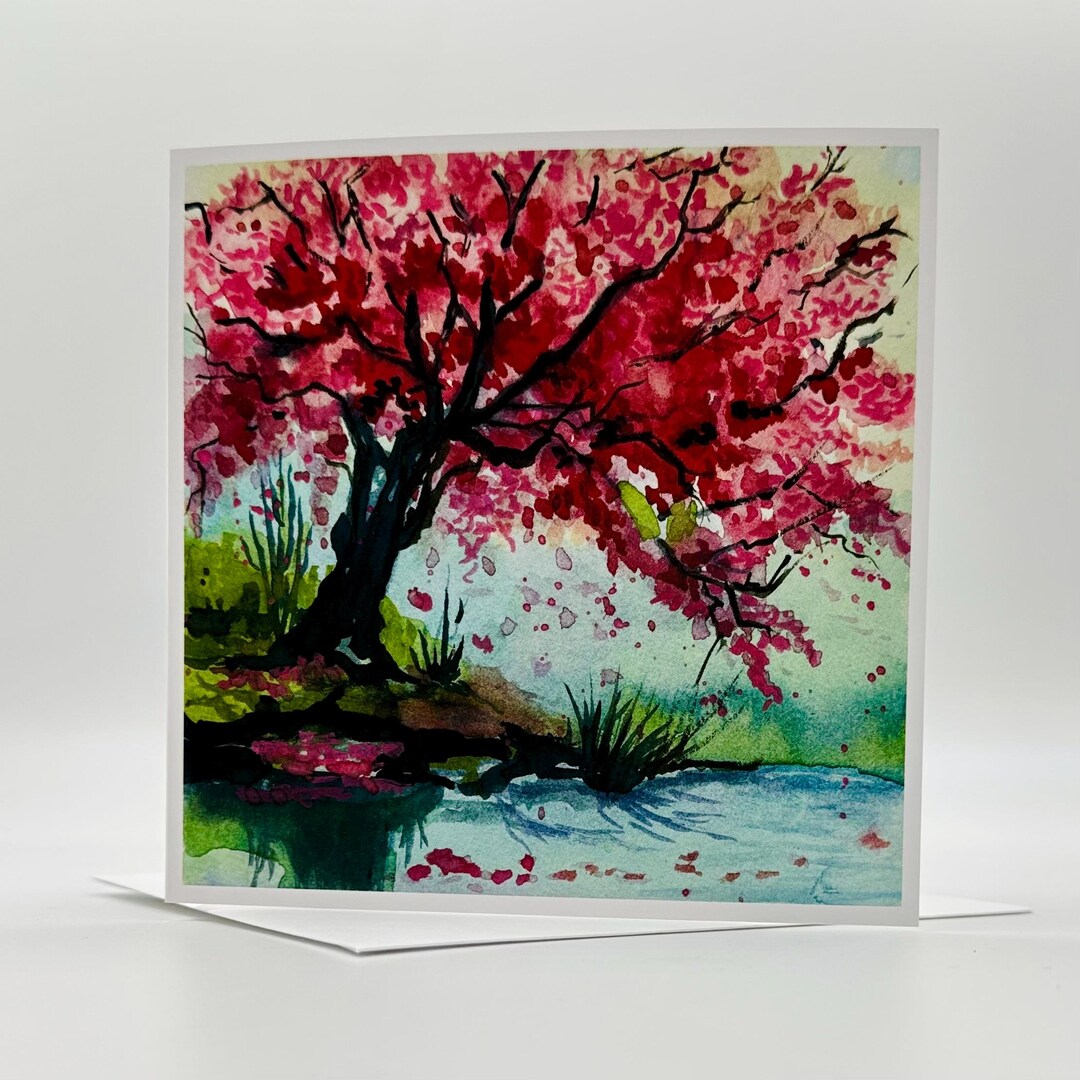 Cherry Blossom Reflections - Watercolor Greeting Card - Etsy