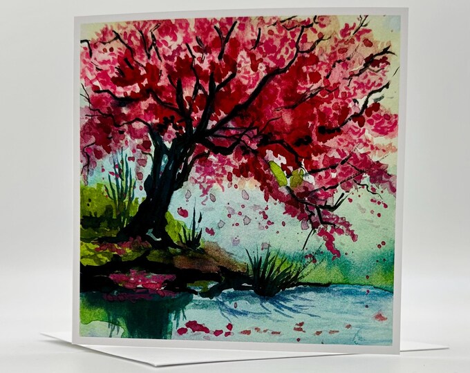 Cherry Blossom Reflections - Watercolor Greeting Card