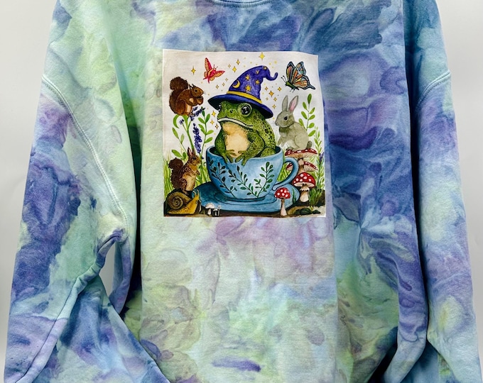 Ice Dye Sweatshirt – “Witchy Frog in Teacup” Cottagecore Magic