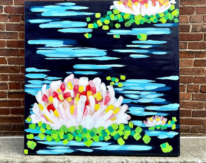 Water lilies, Monet Inspired, Original Minimalist Acrylic Painting, Boho Style