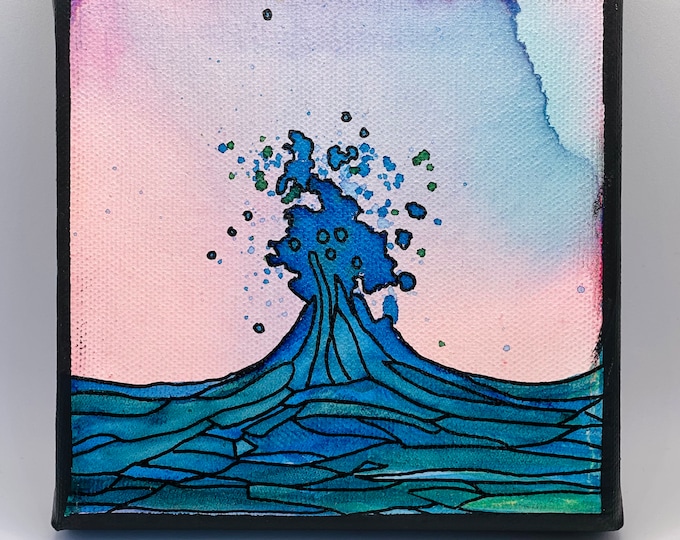 Mini Ocean Wave Painting: Original Alcohol Ink Art (4x4)