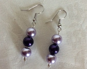 Earrings, 3 Beads stacked earrings, Purple & Lavender beaded earrings,