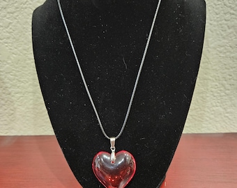 Red Glass Heart Pendant Necklace on Black Cord.