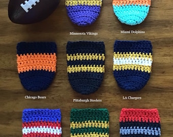 NFL Team Cozies, Beer Cozy, Soda Cozy, Crochet Can Cozy, Water Bottle Cozy, Patriots, Rams, Raiders, Cardinals, Broncos, Saints and more