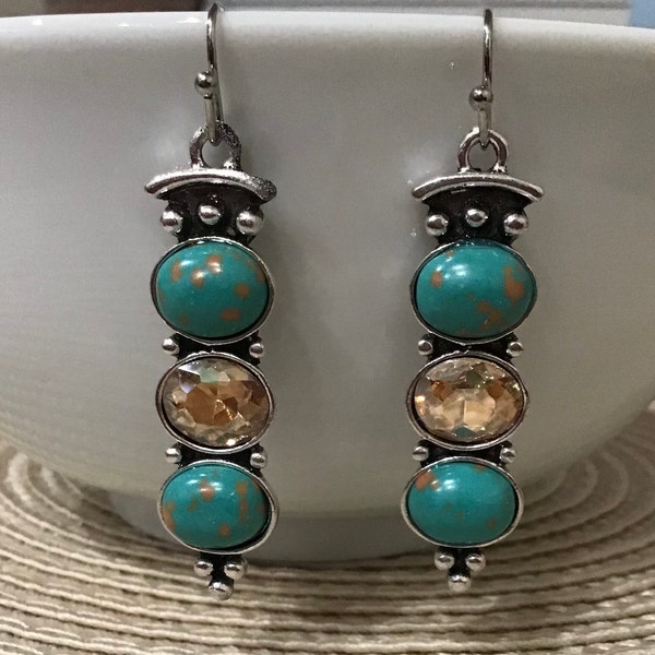 Earrings,Vintage Thai Silver Turquoise Earrings Fashion Creative Champagne Crystal Long Earrings