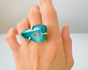 Green agate slice stone on a ring. Gold plated Adjustable