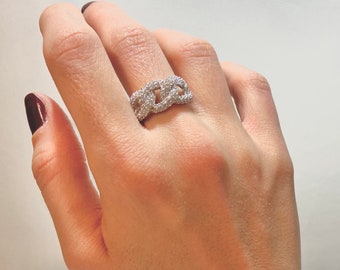 Women's Solid Silver Cuban fashion ring. Sterling silver with diamonds. .925. jewelry