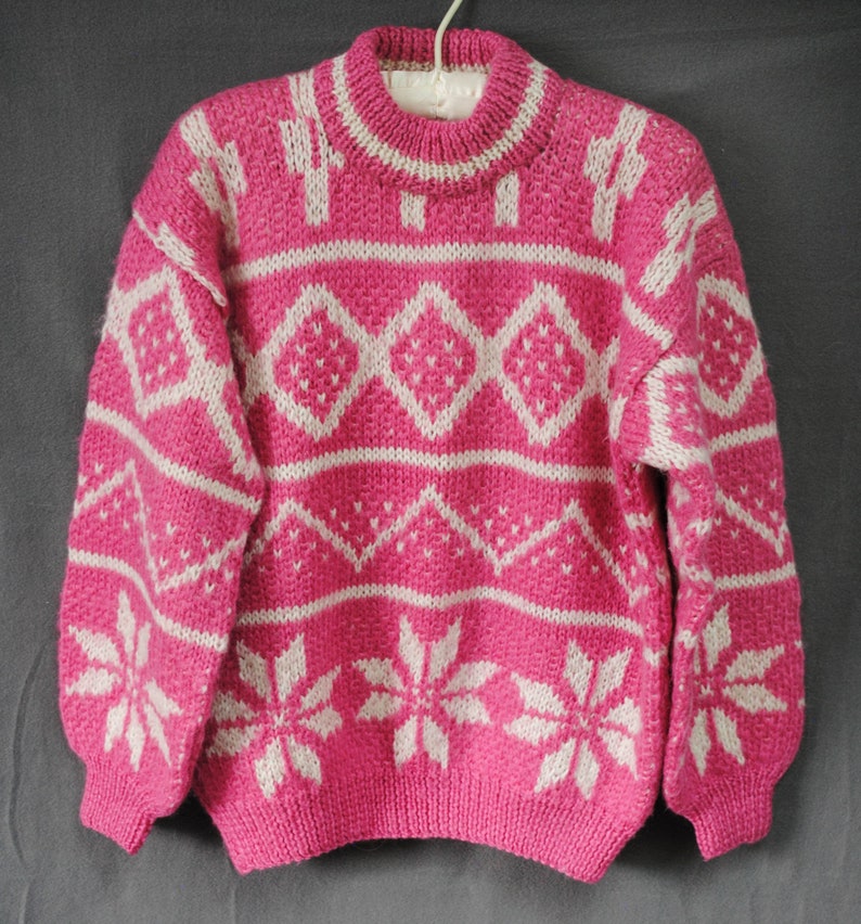 Hand knit pink mohair and wool sweater from Argentina by Bariloche handknit mohair sweater size M mohair sweater pink and white sweater