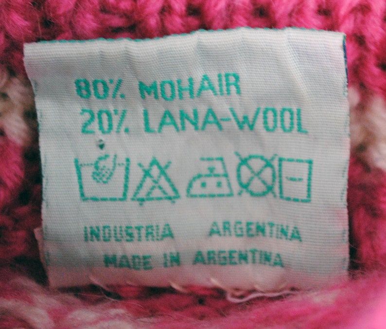 Hand knit pink mohair and wool sweater from Argentina by Bariloche handknit mohair sweater size M mohair sweater pink and white sweater