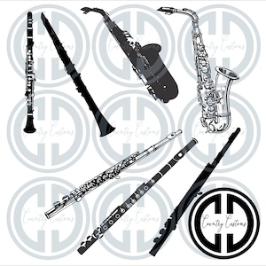 Woodwind Band Instruments : Flutes, Clarinets, and Saxophones Cut Files SVG, PDF, and EPS