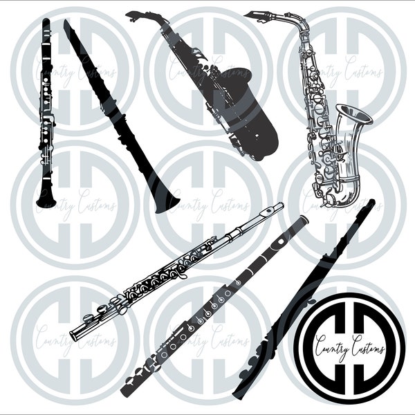 Woodwind Band Instruments : Flutes, Clarinets, and Saxophones Cut Files SVG, PDF, and EPS