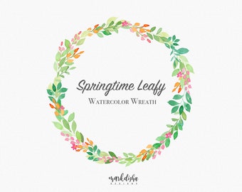 Frühling Aquarell Kranz: Belaubte Blumen Clipart (PNG Datei)