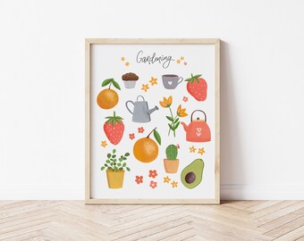 Gouache Gardening Art Print: Kitchen & Home Decor