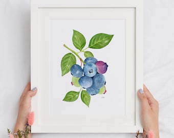 Watercolor Blueberry Giclee Art Print: Home Decor Wall Art