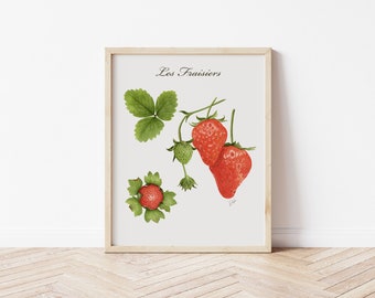 Vintage Strawberry Watercolor Giclee Art Print: "Les Fraisiers"