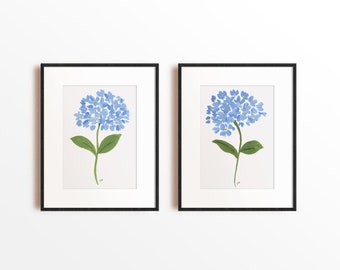 Blaue Hortensien Art Prints Set: Gouache Floral Wall Decor (Digitaler Download)