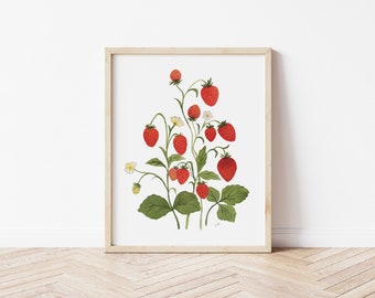Watercolor Strawberry Plant Art Print: Elegant Kitchen Wall Decor