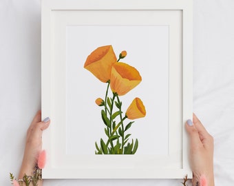 California Poppies Art Print: Gouache Flower Painting