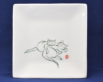 Sumi-e Napping Kittens "Be My Pillow" porcelain square plate - 4 patterns -