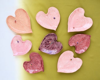 Big Pink Heart! - Heart shaped Forget-Me-Not leaf imprinted with Ladybug Utility Dish, Trinket Tray