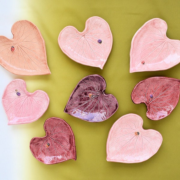 Big Pink Heart! - Heart shaped Forget-Me-Not leaf imprinted with Ladybug Utility Dish, Trinket Tray