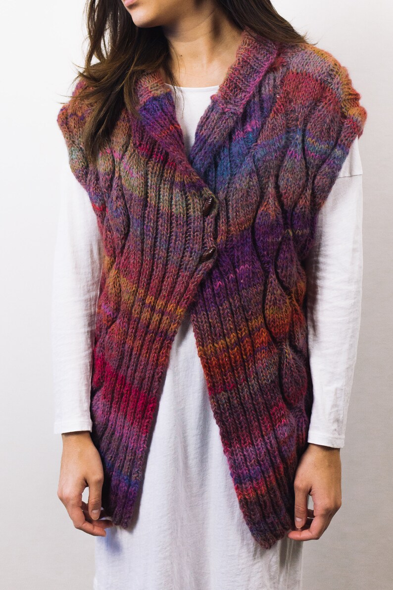 Wool Blend Variegated yarn Hand knitted /& Crocheted trim JacketVest