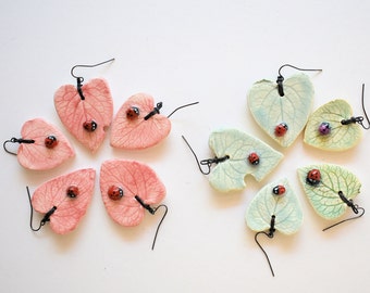 Create your own pair - heart shaped Forget-me-not leaf imprinted with ladybug earrings