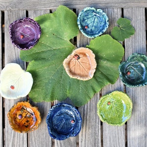 May include: A collection of handmade ceramic leaf-shaped dishes in various colors, including purple, blue, green, and orange. Each dish features a leaf vein pattern and a small ladybug accent. The dishes are arranged on a wooden surface.